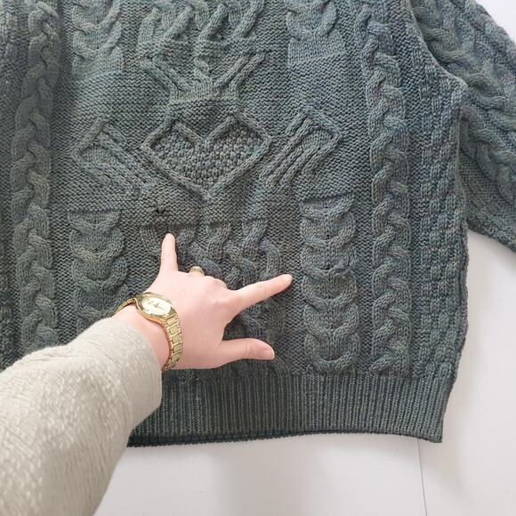 Celtic Country Sweater Mens Medium Green Cable Knit Aran Fisherman Crewneck - Picture 8 of 11
